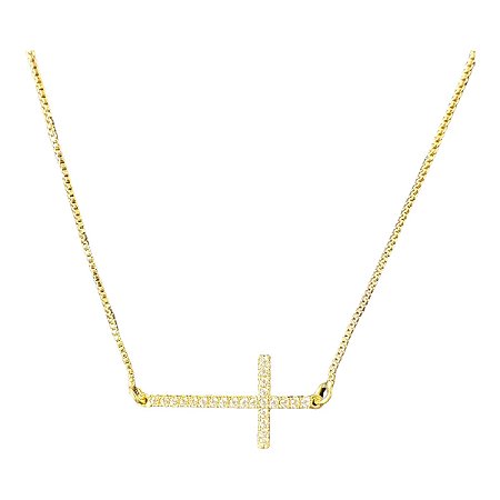 Colar crucifixo palito horizontal cravejado