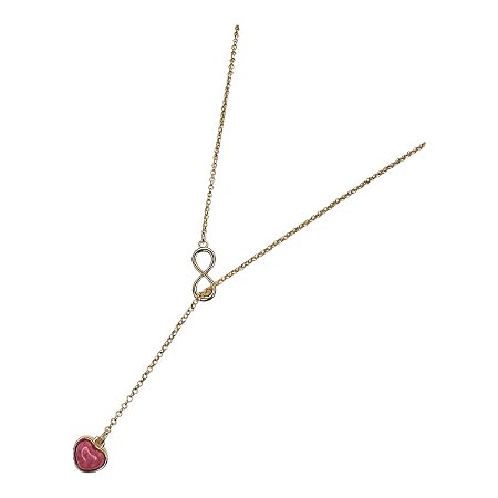 Colar gravata infinito pedra coração feldspato rosa