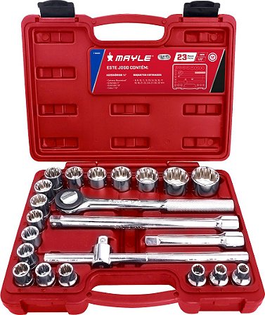 Jogo de soquetes estriados encaixe 1/2", 8 mm a 32 mm, com 23 peças, MAYLE