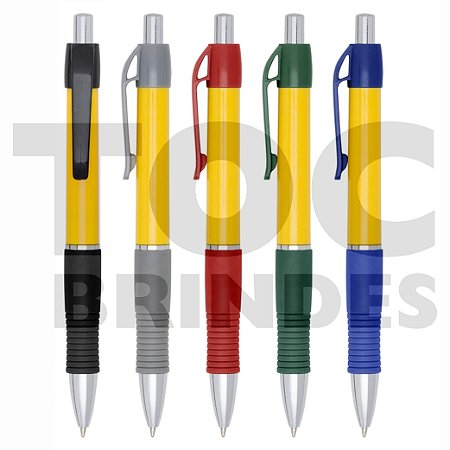 Caneta plástica esferográfica com detalhe emborrachado, corpo amarelo, tinta azul
