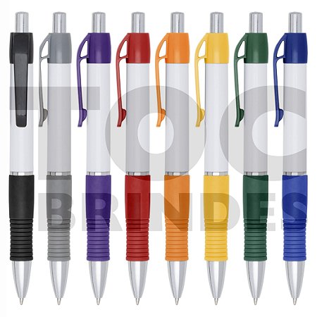 Caneta esferográfica plástica branca com emborrachado colorido, tinta azul