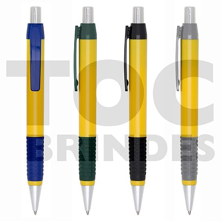 Caneta plástica esferográfica, corpo amarelo, com detalhe emborrachado, tinta azul