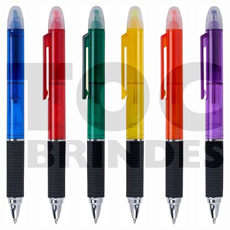 Caneta plástica com marca texto