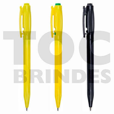 Caneta plástica com corpo inteiro amarelo, ou verde e amarelo, ou preto, esferográfica cor azul
