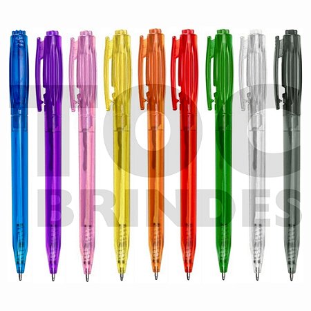 Caneta plástica translúcida colorida, esferográfica azul, corpo, acionador e clipe nas mesmas cores