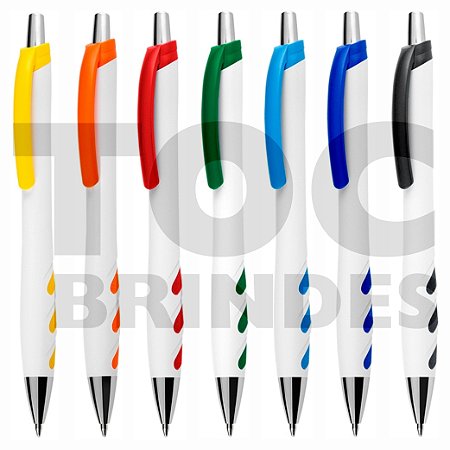 Caneta plástica branca, detalhes emborrachados coloridos, esferográfica tinta azul