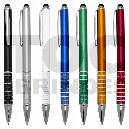 Caneta plástica, ponta com borracha para touch para celular e tablet, colorida metalizada, apoiador texturizado, recartihado, detalhes prata, esferográfica azul