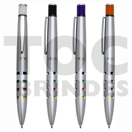 Caneta plástica prata com detalhes coloridos, acionador colorido com borracha tipo mola, esferográfica cor azul
