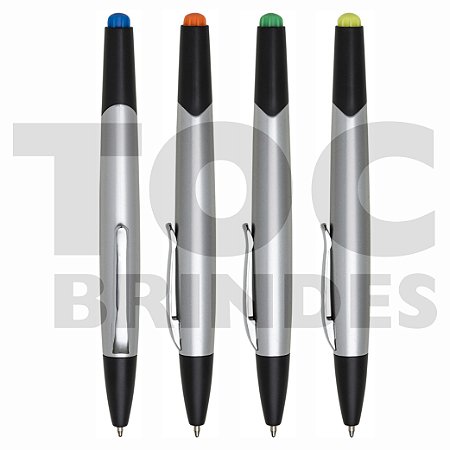 Caneta plástica com marca texto, corpo prata, tampinha preta com detalhe colorido, esferográfica azul