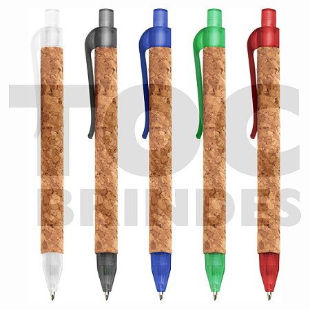 Caneta em cortiça ecológica reciclável com detalhes em plástico translúcido, esferográfica azul