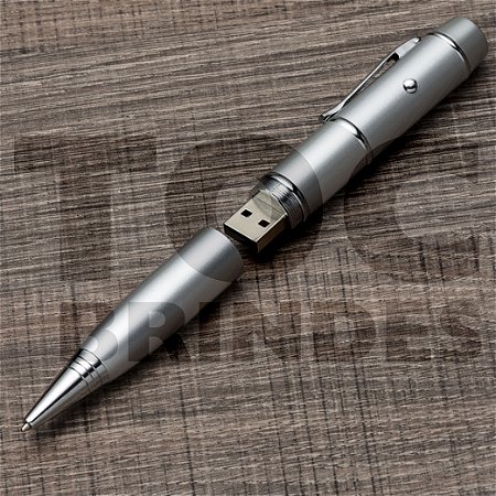 Caneta Pen Drive de 4GB, em aço, detalhes cromados e raio laser, esferográfica azul