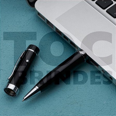 Caneta Pen Drive de 8GB, em aço, detalhes cromados e raio laser, esferográfica azul