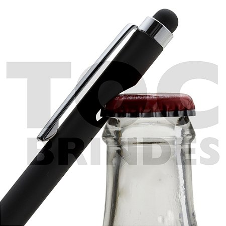 Caneta com abridor de garrafas, ponta emborrachada para touch para celular e tablet, corpo em aço, esferográfica azul, detalhes cromados
