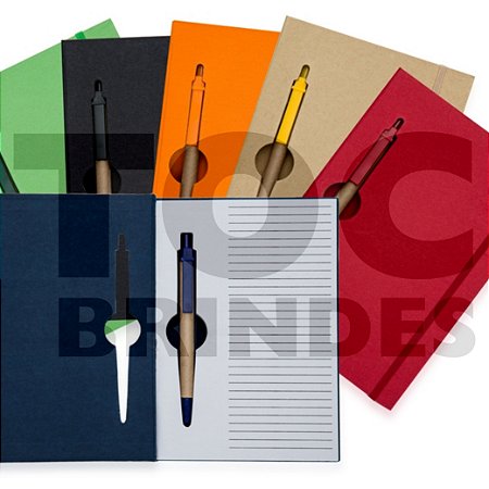 Bloco para anotações com caneta esferográfica, ecológico, com elástico, folhas pautadas com picotes