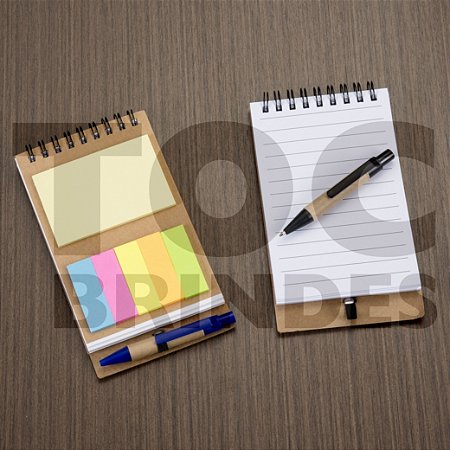 Bloco para anotações com autoadesivos e mini-caneta esferográfica, capa kraft, encadernação duplo anel