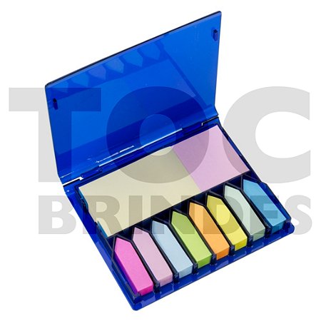 Bloco para anotações com kit de 8 bloquinhos autoadesivos coloridos e estojo em plástico colorido