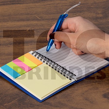Bloco para anotações capa plástica com bloquinhos autoadesivos coloridos, mini caneta plástica e régua impressa