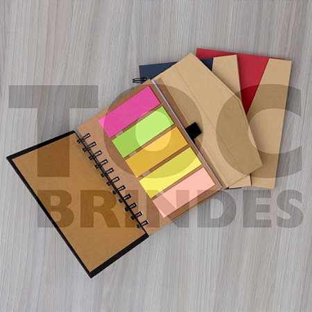 Bloco de anotações com bloquinhos autoadesivos e suporte para caneta, fechamento com imã