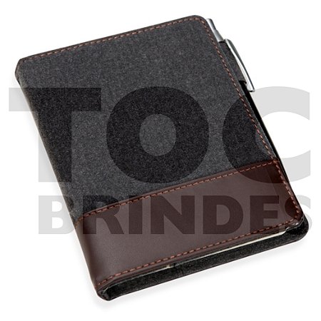 Bloco para anotações com zíper, capa com feltro e couro sintético, porta cartões e porta canetas