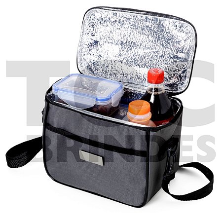 Bolsa térmica 6,0 litros, em nylon, com bolsos externos, alça para mão e ombro com mosquetão, com revestimento térmico