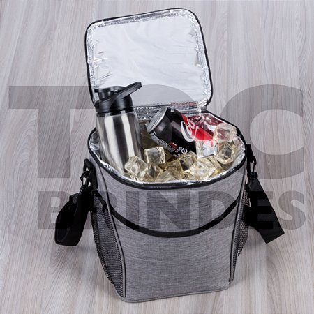 Bolsa térmica 12 litros, em nylon, bolsos laterais e frontal, alças e revestimento térmico