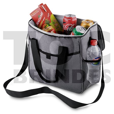 Bolsa térmica 16 litros, em nylon, bolsos frontal e laterais telados, alças e revestimento térmico