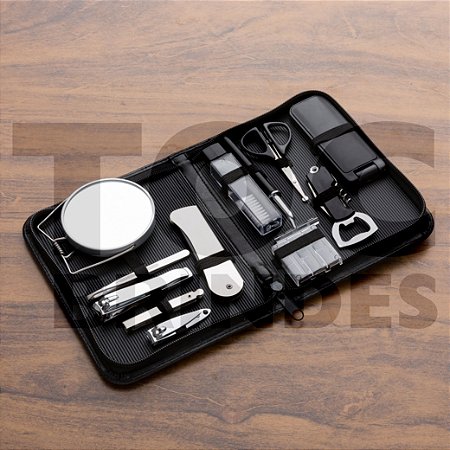 Kit manicure masculino com 12 peças, estojo em couro sintético preto