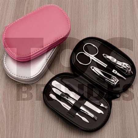 Kit manicure 7 peças, estojo oval em couro sintético colorido