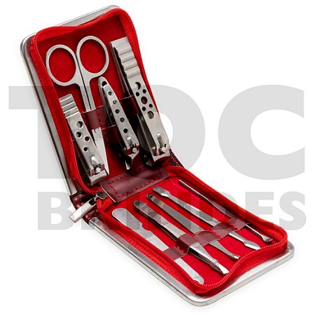 Kit manicure 9 peças, estojo em couro sintético texturizado, revestimento em tecido