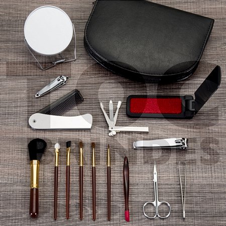 Kit manicure 15 peças, estojo em couro sintético preto, revestimento em plástico texturizado
