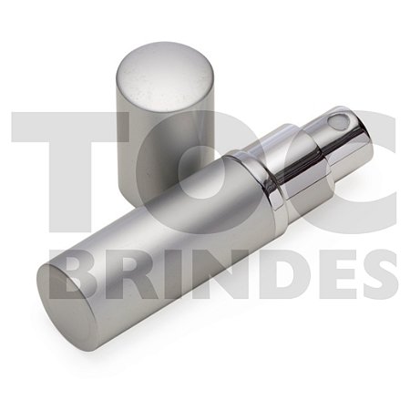 Porta perfume em aço, 8 ml, com frasco interno em plástico, tampa e detalhe cromado