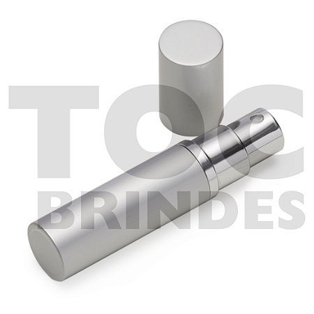 Porta perfume em aço, 5 ml, com frasco interno em plástico, tampa e detalhe cromado