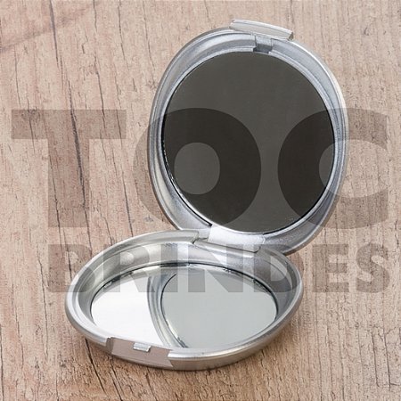 Espelho para bolsa, duplo, oval, sem aumento, em plástico cinza