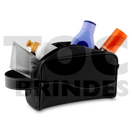 Necessaire em couro sintético e nylon com alça lateral