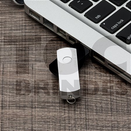 Pen drive em alumínio fosco, giratório, com mini argola e parte interna emborrachada, com armazenamento de 4GB, 8GB, 16GB ou 32GB
