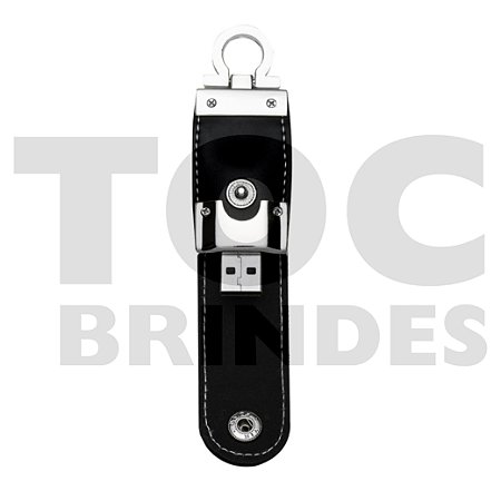 Pen drive em couro sintético preto, argola em aço, botão de pressão para fechar, com armazenamento de 4GB, 8GB, 16GB ou 32GB
