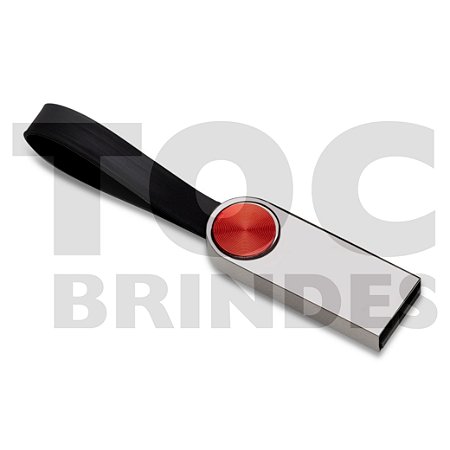 Pen drive em aço cor grafite, botão vermelho decorativo, alça emborrachada preta, com armazenamento de 4GB, 8GB, 16GB ou 32GB