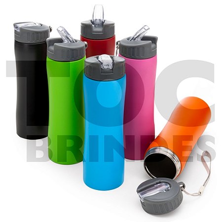 Squeeze 600ml, em aço fosco colorido, com tampa rosqueável, bico transparente e alça em nylon