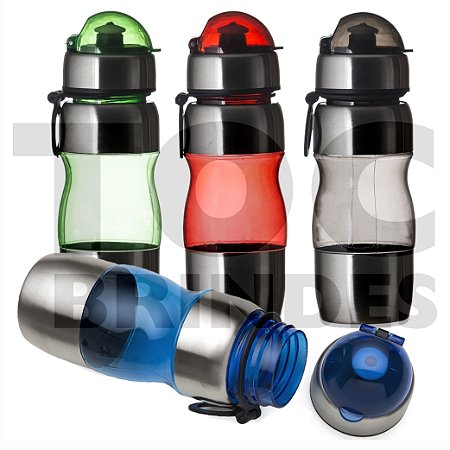 Squeeze 450ml, em alumínio e plástico, bico com válvula e tampa, alça plástica, detalhes coloridos, tampa rosqueável