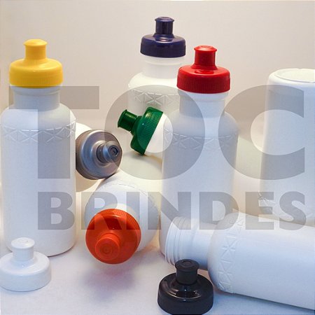 Squeeze 500ml, em plástico opaco branco, com detalhes em relevo, tampa rosqueável em diversas cores com bico em silicone