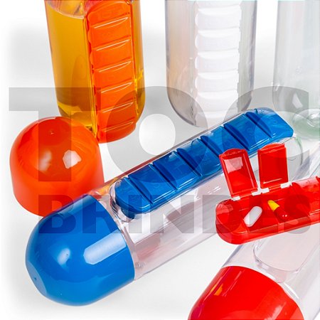Squeeze 700ml, em plástico transparente, com porta comprimidos e tampa rosqueável nas mesmas cores