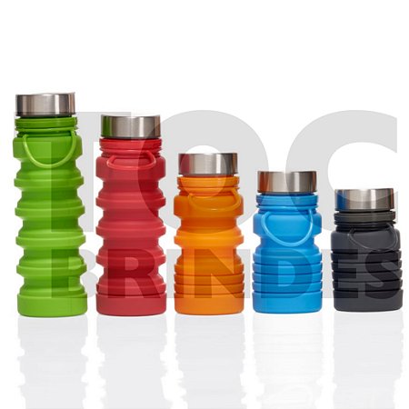 Garrafa 600ml, retrátil, produzido em silicone, com tampa rosqueável em aço, alça em silicone na mesma cor da garrafa