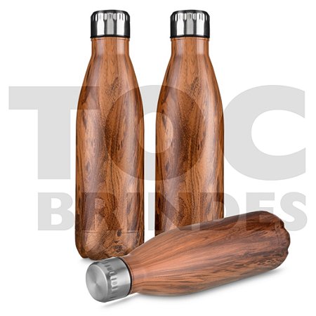 Garrafa 750ml, inox com pintura imitando madeira e tampa rosqueável