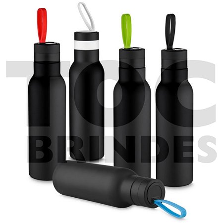 Garrafa térmica 500ml, inox com pintura preto fosco com alça colorida em silicone, tampa rosqueável e borracha antideslizante na base