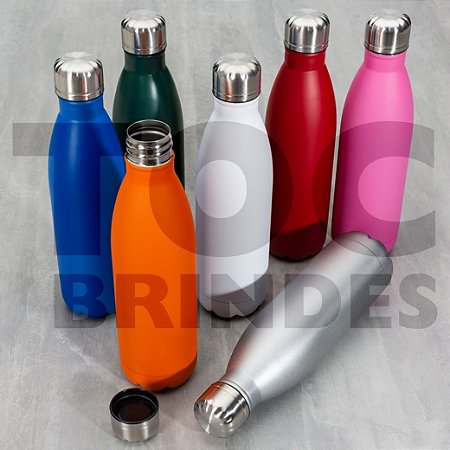 Garrafa 750ml em inox com tampa rosqueável e pintura fosca. Obs. Não é um modelo térmico.