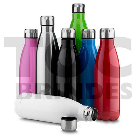 Garrafa 750ml, inox com pintura colorida alto brilho, tampa rosqueável cinza fosco