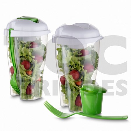Copo 850ml, para salada, em plástico transparente, com garfo e compartimento para molho, coloridos e nas mesmas cores