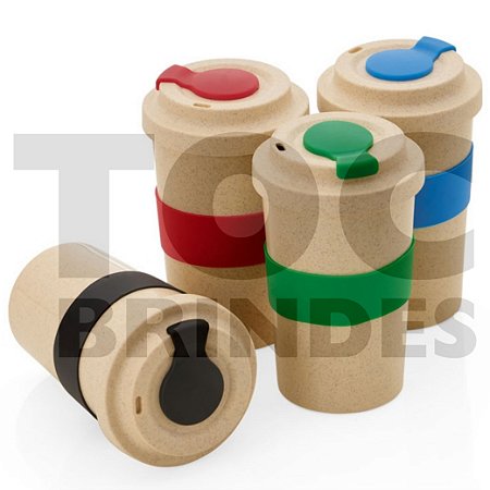 Copo 450ml, em fibra de bambu, ecológico, tampa rosqueável, luva e tampa para o bocal em silicone nas mesmas cores
