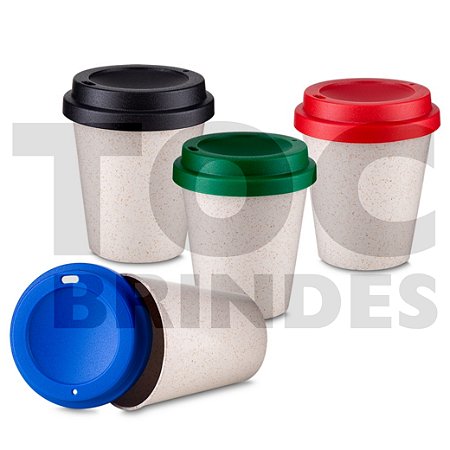Copo 350ml, em fibra de arroz, ecológico, com tampa plástica colorida de encaixe com bocal
