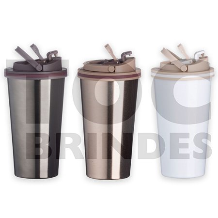 Copo 450ml, em aço colorido, tampa rosqueável com alça e tampa do bocal em plástico nas mesmas cores, base emborrachada antiodeslizante